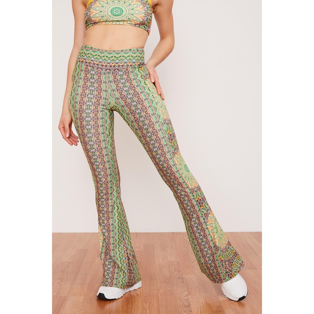 Wolven Fauna Kaleidoscope Flare Leggings Green High Waist Festival Active Yoga L